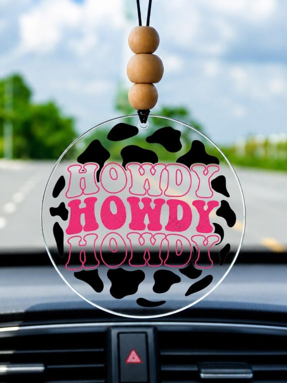 Cowboy 2D Flat Car Ornament & Wood Beads, Howdy Beaded Rear View Mirror Accessor